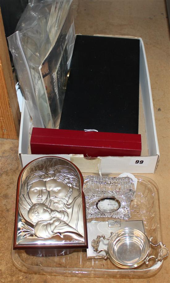 Silver card case & tea strainer, Hesaresi sterling-mounted plaque of the Holy Family, boxed Sheaffer pen, postcards etc (Q misc)